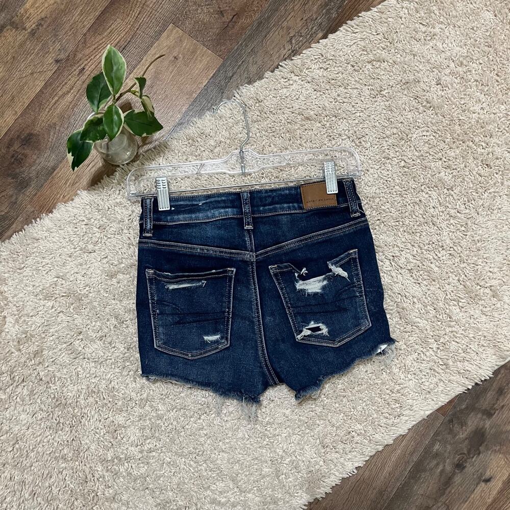 American Eagle 0 Dark Wash Distressed Button Fly High-Rise Shortie Shorts - Picture 3 of 6